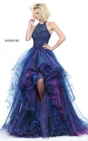 Beaded Layers Sherri Hill 51140 Halter Navy Multi-Tiered Hi-Low Dress 2017