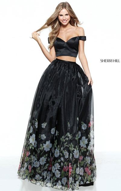 Sweetheart Neckline Two Piece Satin Bodice 2017 Black Floral Printed Off The Shoulder Sherri Hill 51053 Long Organza Evening Gown
