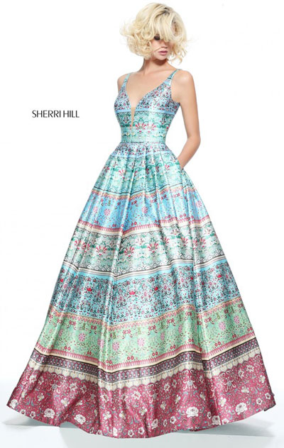 2017 Plunging V Neckline Printed Patterned Blue Sherri Hill 51212 Sleeveless Open Back Long Satin Prom Dresses
