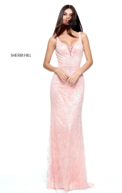 2017 Open Back Blush Plunging V Neckline Beaded Embellishments Long Net Evening Dresses Sherri Hill 51106 Sleeveless