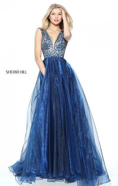 Sherri Hill 50970 Navy Plunging V Neckline Open Back 2017 Printed Patterned Sleeveless Long Organza Evening Dresses