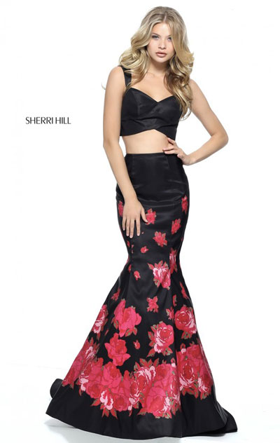 Black/Red Two Piece Floral Printed Sweetheart Neckline 2017 Long Satin Mermaid Gown Sherri Hill 51203 Sleeveless