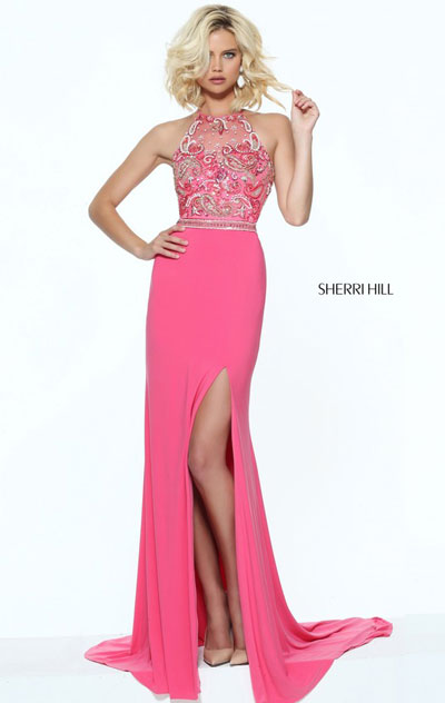 2017 High Neckline Sleeveless Sherri Hill 50959 Beaded Patterned Coral/Multi Slit Long Jersey Evening Gown