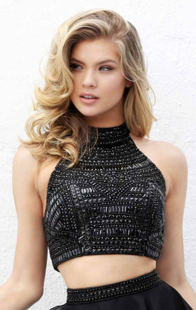 Beaded Patterned Sherri Hill 50809 Two Piece Black A Line Long Chiffon Evening Dress High Neckline 2017