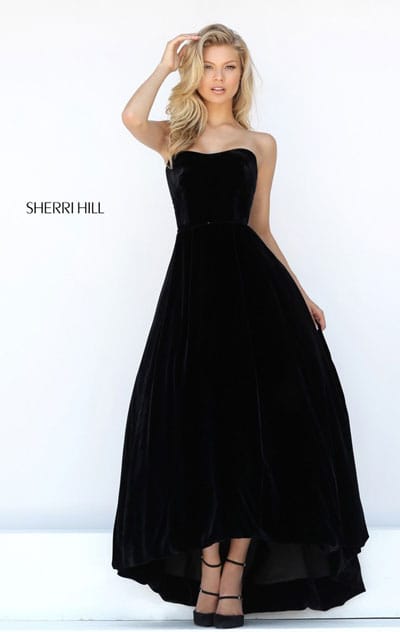 Cheap Black Sweetheart Neck Sherri Hill 50735 Strapless Velvet High Low Evening Gown