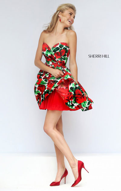 Cheap Sherri Hill 50028 Sweetheart Neck Red A-Line Short Floral Print Homecoming Dresses Strapless