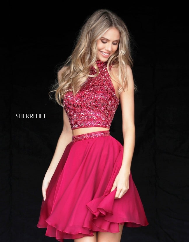 Sherri Hill 51296 Ruby Beaded Two Piece Chiffon Short A Line Cocktail Dresses 2017