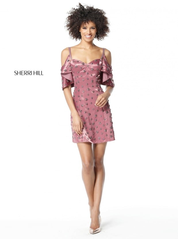 Sherri Hill 51419 Mauve Cap Sleeves Beaded Spaghetti Straps Satin Homecoming Dresses 2017