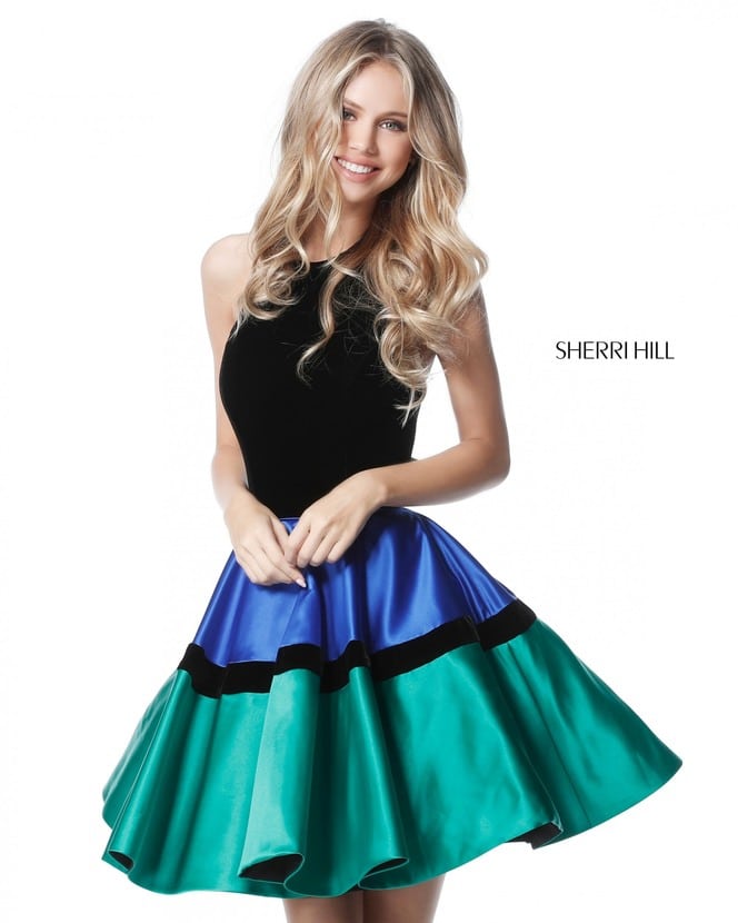 Sherri Hill 51519 Black/Royal/Emerald High Neck Short Satin Prom Dresses 2017 [Sherri Hill 51519 Black/Royal/Emerald] - $200.00