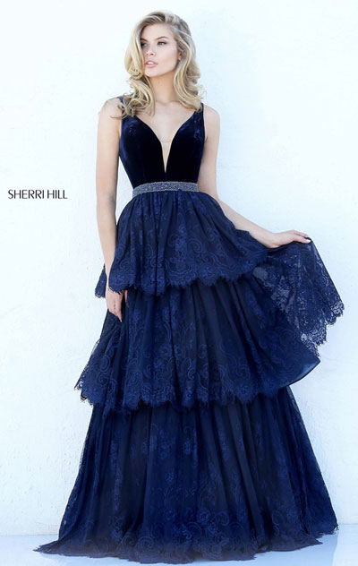 Sherri Hill 50771 Plunging V Neck Navy Beaded Waistband Tiered Long Lace Homecoming Gowns Discount