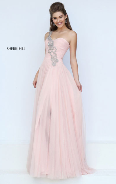 Sherri Hill 50409 Sweetheart Neckline Blush 2017 Asymmetrical Straps Beaded Long Chiffon Prom Dresses