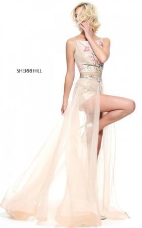 2017 Floral Embellished Sherri Hill 51187 Nude/Multi Two-Piece Slit Dress