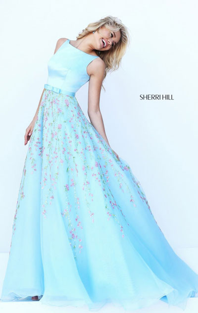 Light Blue/Multi Beaded Floral Open Back Bateau Neckline Sherri Hill 50434 Long Chiffon Evening Gown 2017