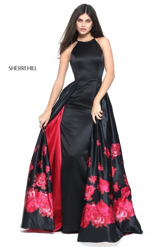 2017 Black/Red Jeweled Satin Floral Print Evening Gown by Sherri Hill 51193