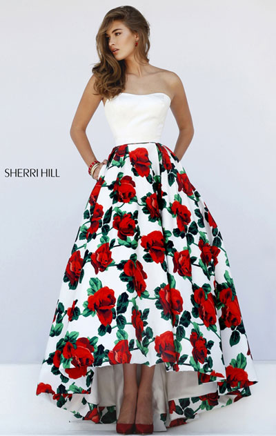 2016 Floral Printed Sherri Hill 50027 Strapless Sleeveless Ivory A Line Long Satin Evening Dresses
