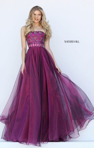 Beaded Patterned Strapless Sherri Hill 50344 Straight Neckline Magenta Long Chiffon Evening Dresses 2016