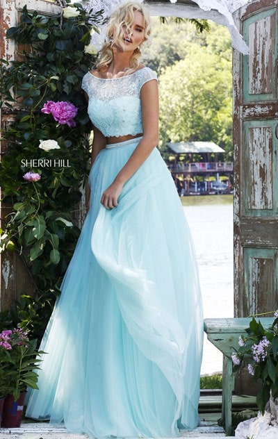 Beaded Patterned Cap Sleeves Light Blue 2016 Two Piece Sherri Hill 50038 High Neckline Pleated Long Chiffon Evening Dresses