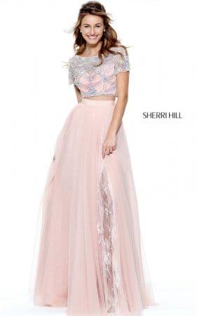 2017 Sherri Hill Blush 50857 Beads Embellished 2 Piece Long Slit Prom Dress