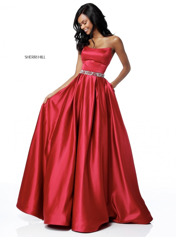 Straight Neckline 2018 Red Beaded Waist Sherri Hill 51609 Long Satin Ball Gowns