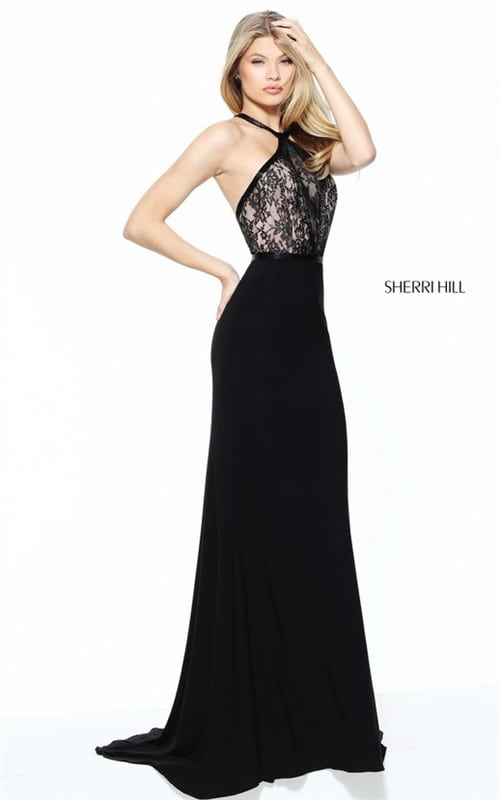 Cheap Fitted Black Sherri Hill 50998 Halter Long Lace Prom Gown 2017