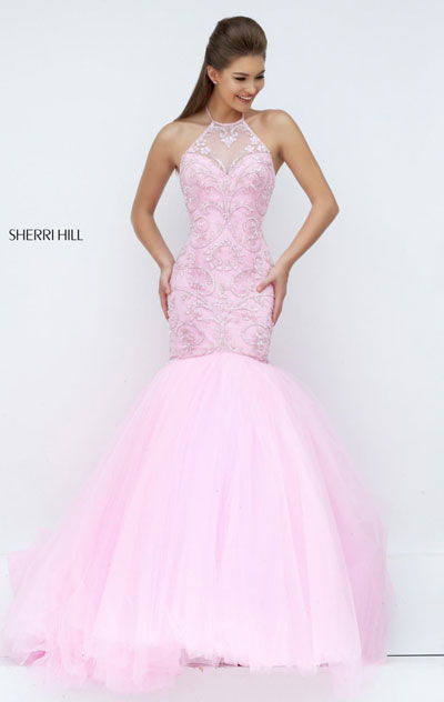 Sherri Hill 50352 Open Back Patterned Beaded Halter Neckline Pink 2016 ...