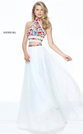 Colored Embroidery Ivory 50870 Sherri Hill Beaded Halter 2 PC Long Dress