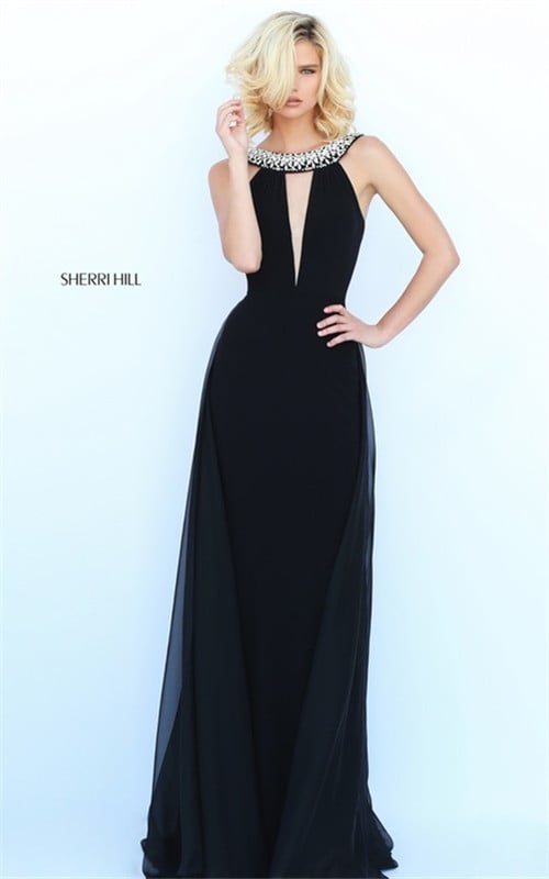 Jeweled V-Neck Fitted Sherri Hill 50978 Black Long Evening Dress 2017
