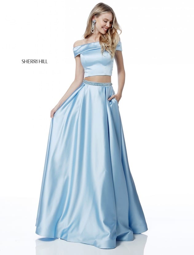 2 Piece Sherri Hill 51632 Cap Sleeve Light Blue Satin Long A Line Prom Dress 2018