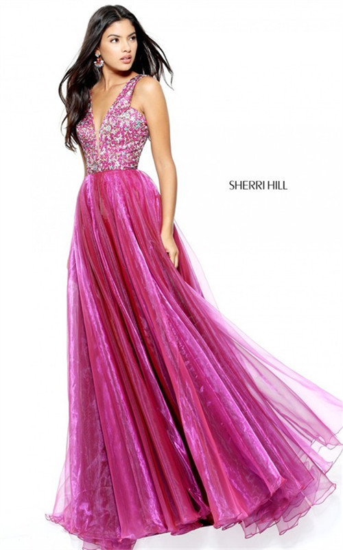 Long Sherri Hill 50970 Cheap Magenta Print Prom 2017 Party Dress