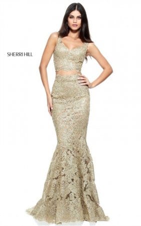 Gorgeous Lace Gold Embellished 2 PC Trumpet Gown By Sherri Hill 51192