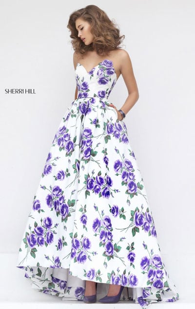 Ivory/Purple Strapless Sherri Hill 50482 Sweetheart Neckline 2017 Long Floral Printed Prom Dresses