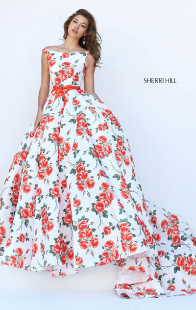 Open Back Ivory/Orange 2017 Sherri Hill 50484 Boat Neckline Floral Printed Long Evening Gown