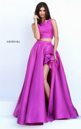 Long Sherri Hill Magenta 50751 Cutout Back Ruffled 2 PC Slit Prom Dress Ball