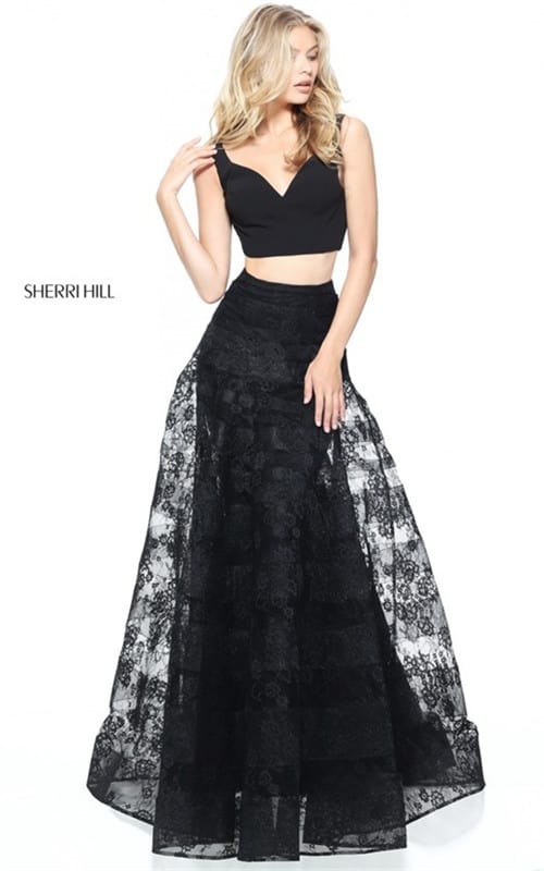 Striped Sherri Hill 51163 Black 2017 Lace Two-Piece Prom Dresses Long