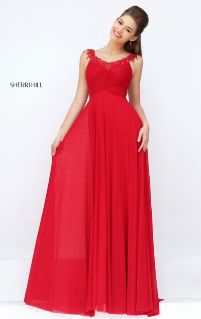2016 Sherri Hill 50093 V Neckline Red Beaded Open Back Chiffon Long Ruched Prom Dresses