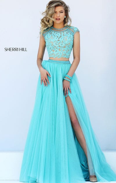 Blue Beaded Lace Appliques Sherri Hill 50110 Two Piece 2016 Open Back Cap Sleeves Tulle Long Slit Prom Dresses