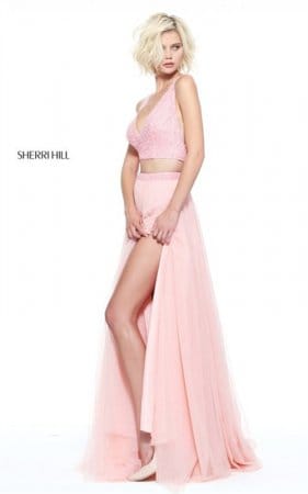 Sexy Plunged 51199 Beads 2 PC Sheer Sherri Hill Pink Slit Prom Dress 2017