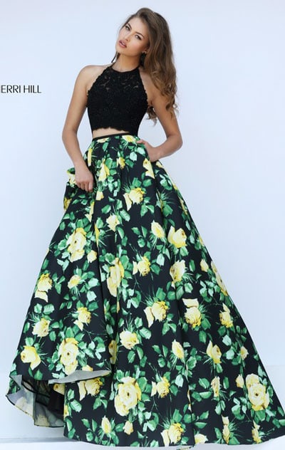 Sherri Hill 50119 Floral Printed 2016 Black/Yellow Lace Applique Halter Neckline Two Piece Long Prom Dresses