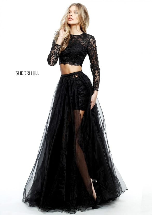 Beaded Lace Sleeve Sherri Hill 51378 Black 2 Piece Long Tulle Evening Gown 2017