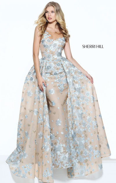 2017 Sherri Hill 50837 Beaded Nude/Light Blue Applique Prom Tulle Dress
