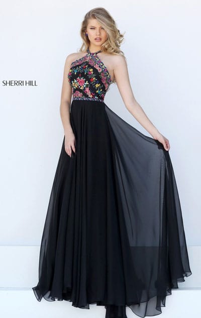 Sherri Hill 50149 Black/Multi Floral Printed Open Back 2016 Halter Neckline Long Chiffon Prom Dresses
