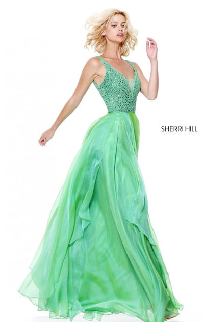 2017 V Neck Sherri Hill 50801 Green Long Chiffon Evening Gown Beaded Bodice