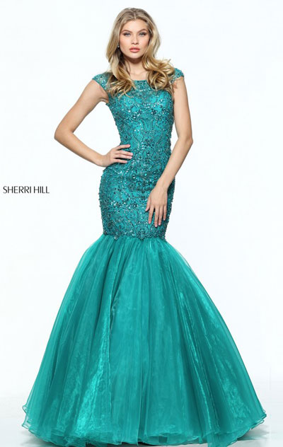 Cap Sleeves Sherri Hill 50955 Teal Beads Long Organza Evening Gown 2017