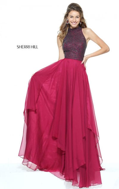 2017 Beaded Neckline Sherri Hill 50808 Ruby A Line Long Chiffon Prom Dress