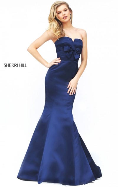 2017 Sherri Hill 50543 Sleeveless Bows Embellishments Square Neckline Strapless Navy Long Satin Mermaid Dresses