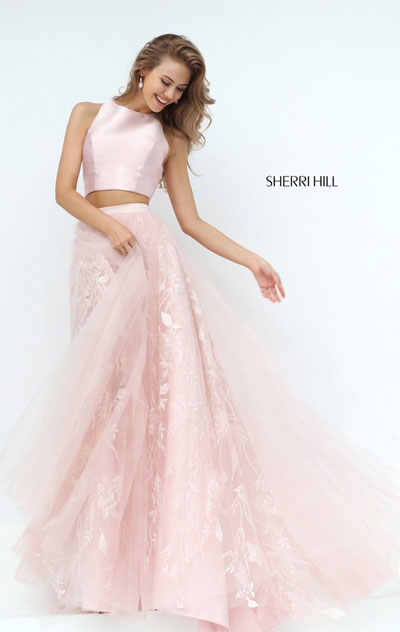 2017 Sherri Hill 50787 Two Piece Blush Tulle Long Lace Appliques Prom Dresses