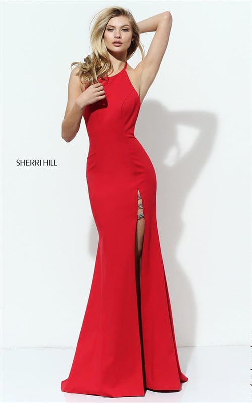 Fitted Red Sherri Hill 50647 Jeweled Long Low Back Slit Prom Gown Elegant