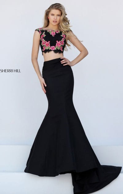 Sherri Hill 50486 Bateau Neckline Cap Sleeves Black Two Piece Floral Patterned Long Satin Evening Dresses 2017