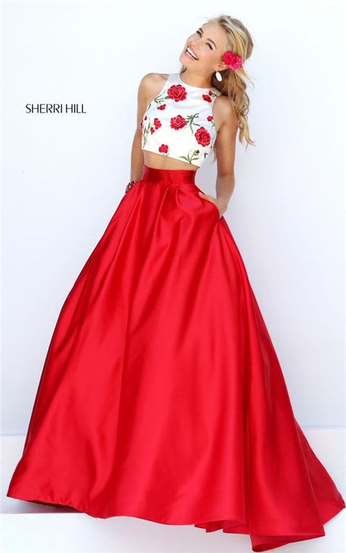 Luxurious Floral Print Ivory/Red Sherri Hill 50232 Long Two Piece Dress Prom 2017
