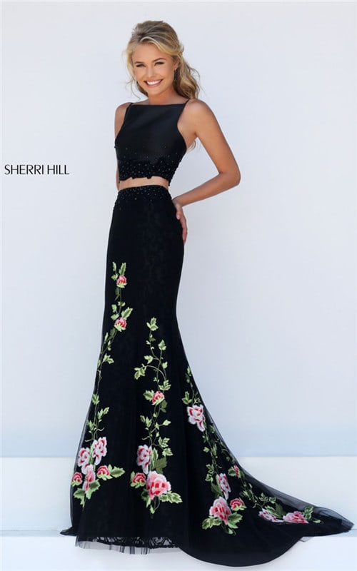 Luxurious Two Piece Lace Embellished Beads Floral Party Gown From Sherri Hill 50199